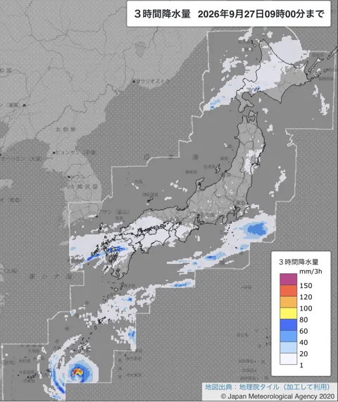 2026年9月27日6〜9時の日本周辺の3時間解析降水量