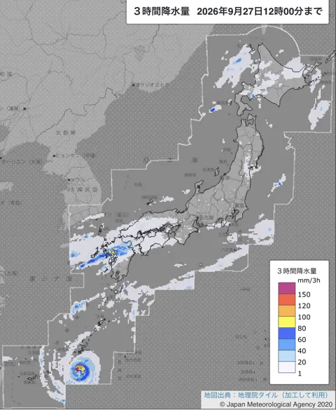 2026年9月27日9〜12時の日本周辺の3時間解析降水量
