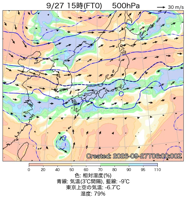 2026年9月27日の日本周辺の500hPa天気図（15時）