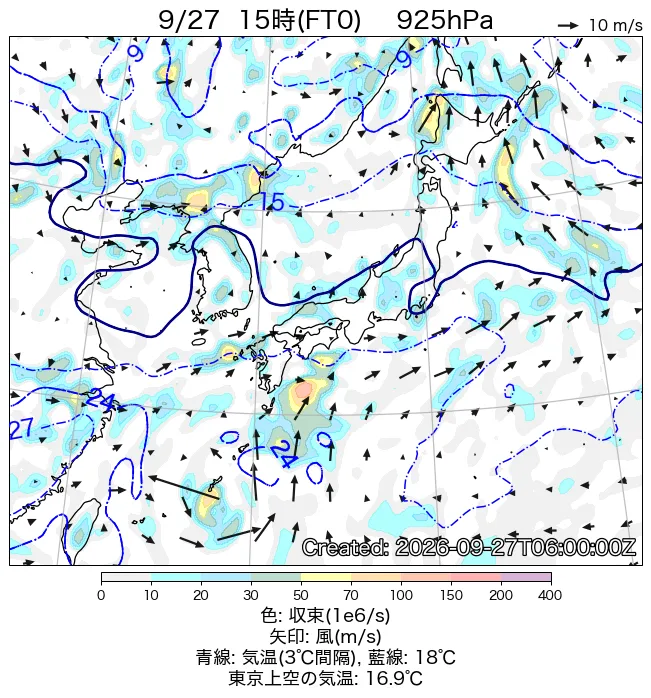 2026年9月27日の日本周辺の925hPa天気図（15時）