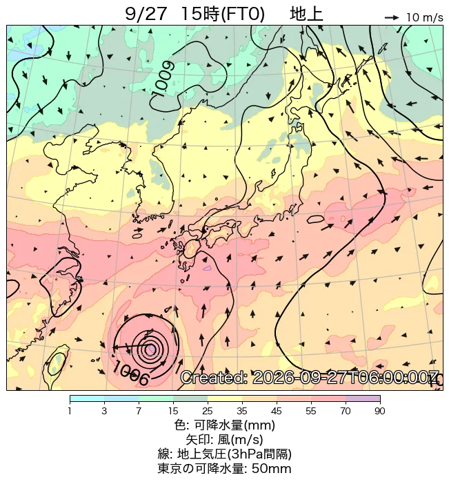 2026年9月27日の日本周辺の地上天気図（15時）