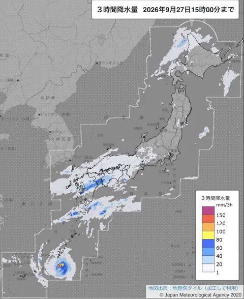 2026年9月27日12〜15時の日本周辺の3時間解析降水量