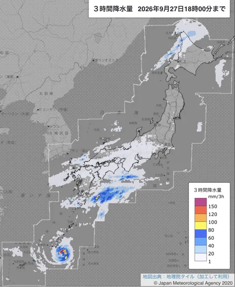 2026年9月27日15〜18時の日本周辺の3時間解析降水量