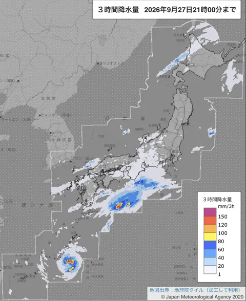 2026年9月27日18〜21時の日本周辺の3時間解析降水量