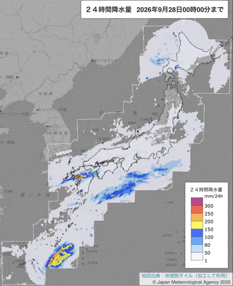 2026年9月27日の日本周辺の日解析雨量の図