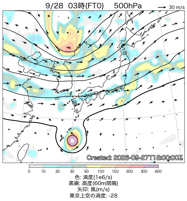 2026年9月28日の日本周辺の500hPa天気図（3時）