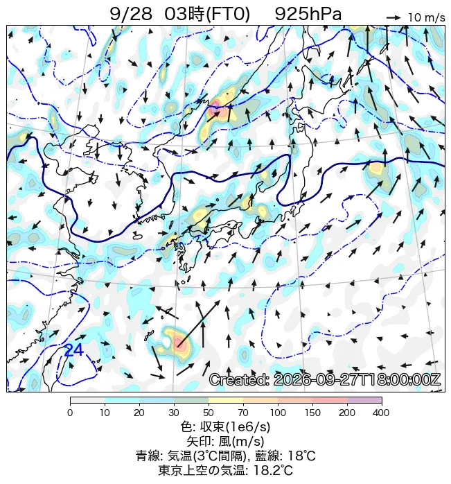 2026年9月28日の日本周辺の925hPa天気図（3時）