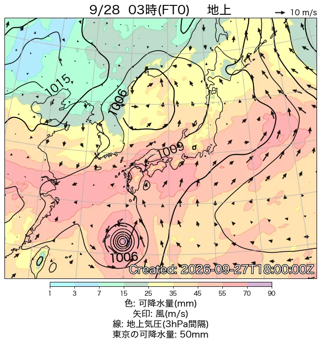2026年9月28日の日本周辺の地上天気図（3時）