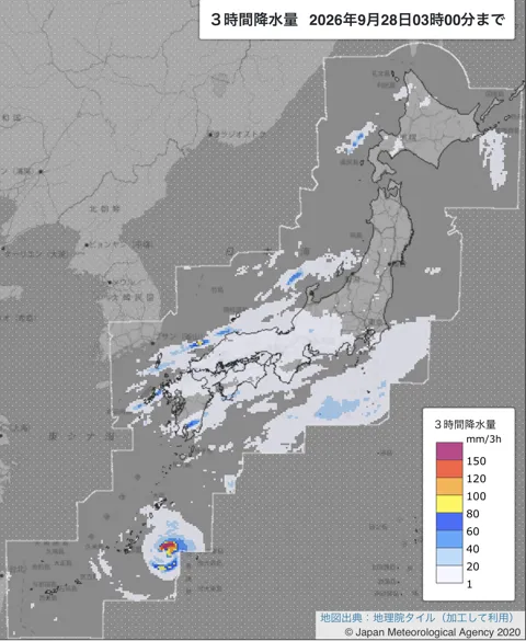2026年9月28日0〜3時の日本周辺の3時間解析降水量