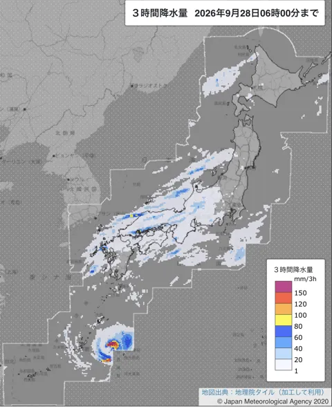 2026年9月28日3〜6時の日本周辺の3時間解析降水量