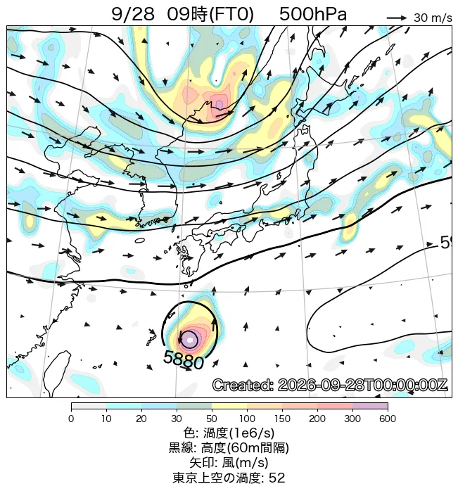 2026年9月28日の日本周辺の500hPa天気図（9時）