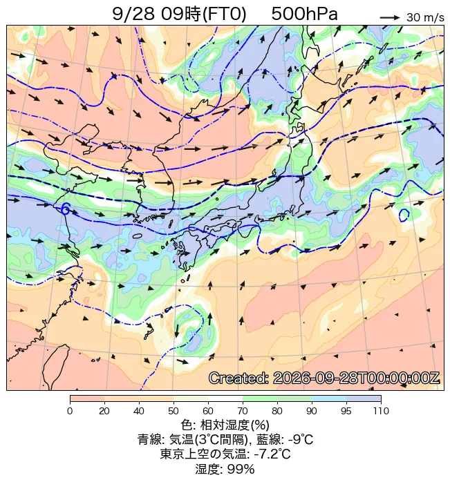 2026年9月28日の日本周辺の500hPa天気図（9時）