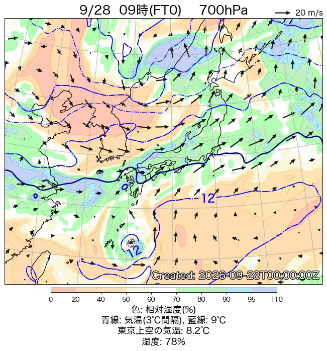2026年9月28日の日本周辺の700hPa天気図（9時）