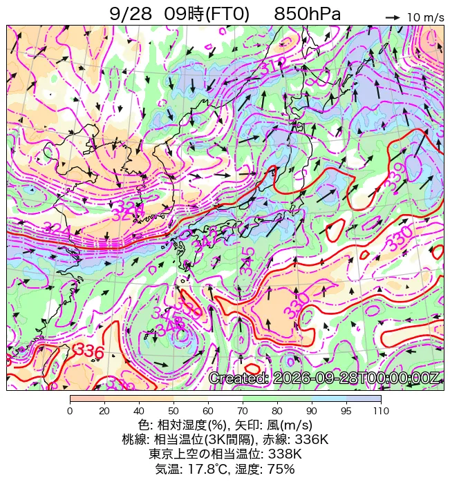 2026年9月28日の日本周辺の850hPa天気図（9時）