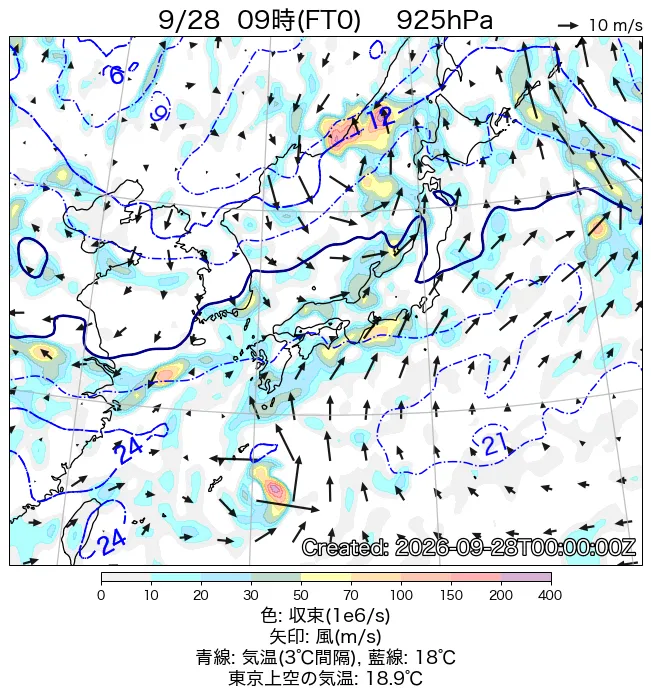 2026年9月28日の日本周辺の925hPa天気図（9時）