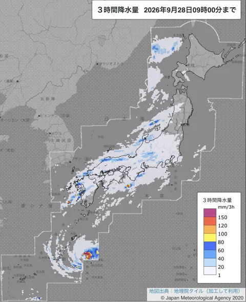 2026年9月28日6〜9時の日本周辺の3時間解析降水量