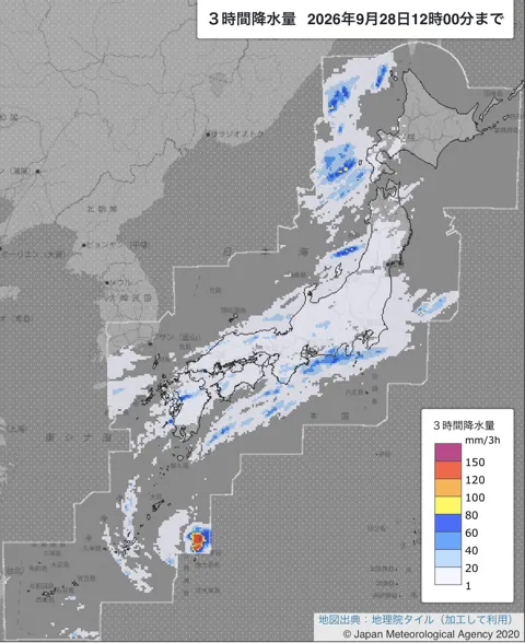 2026年9月28日9〜12時の日本周辺の3時間解析降水量