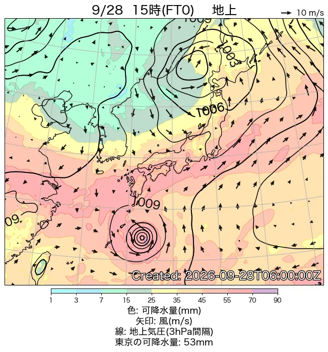 2026年9月28日の日本周辺の地上天気図（15時）