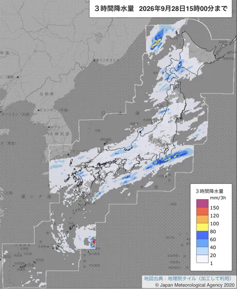 2026年9月28日12〜15時の日本周辺の3時間解析降水量