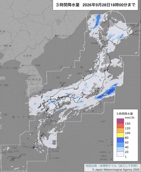 2026年9月28日15〜18時の日本周辺の3時間解析降水量