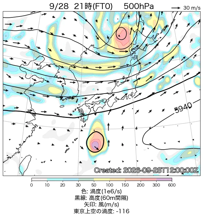 2026年9月28日の日本周辺の500hPa天気図（21時）