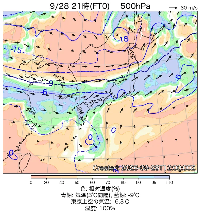 2026年9月28日の日本周辺の500hPa天気図（21時）