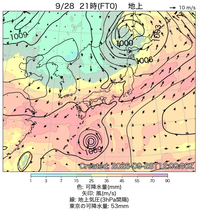 2026年9月28日の日本周辺の地上天気図（21時）
