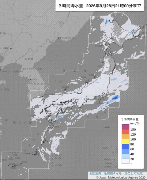 2026年9月28日18〜21時の日本周辺の3時間解析降水量