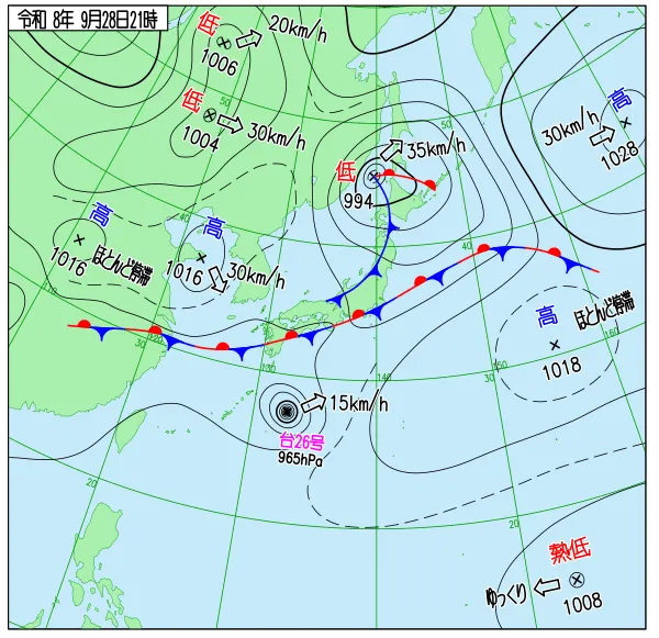 2026年9月28日21時の速報天気図