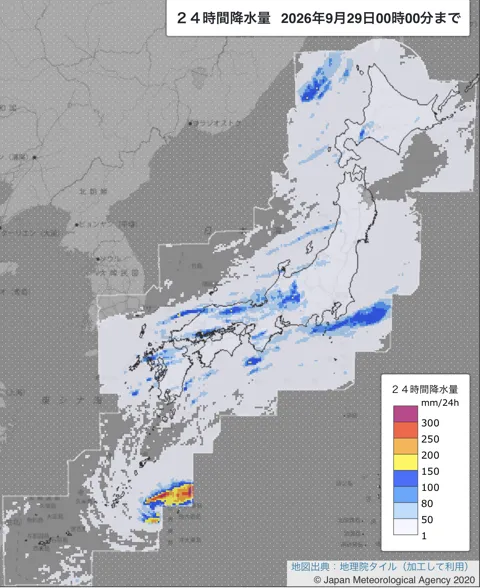 2026年9月28日の日本周辺の日解析雨量の図