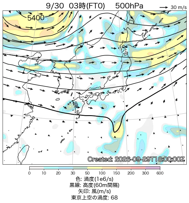 2026年9月30日の日本周辺の500hPa天気図（3時）