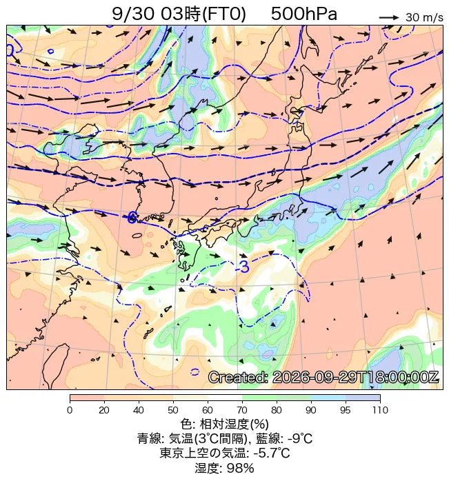 2026年9月30日の日本周辺の500hPa天気図（3時）