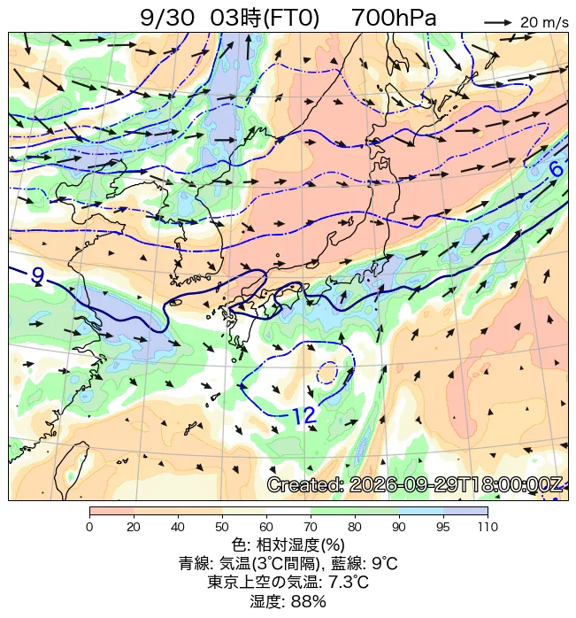2026年9月30日の日本周辺の700hPa天気図（3時）
