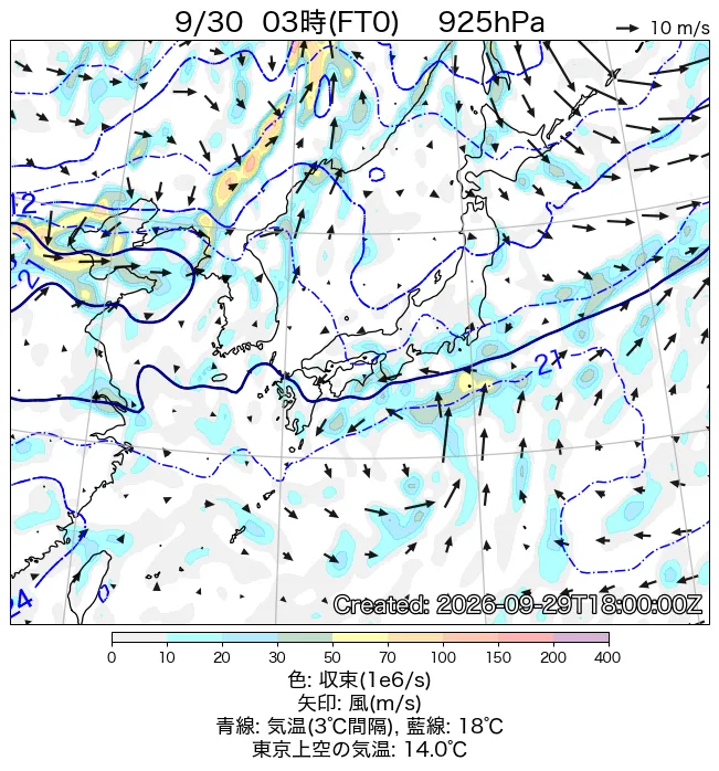 2026年9月30日の日本周辺の925hPa天気図（3時）