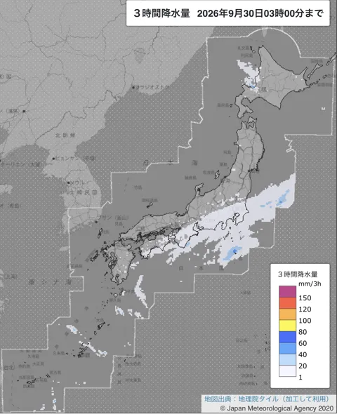 2026年9月30日0〜3時の日本周辺の3時間解析降水量