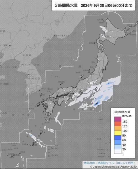 2026年9月30日3〜6時の日本周辺の3時間解析降水量