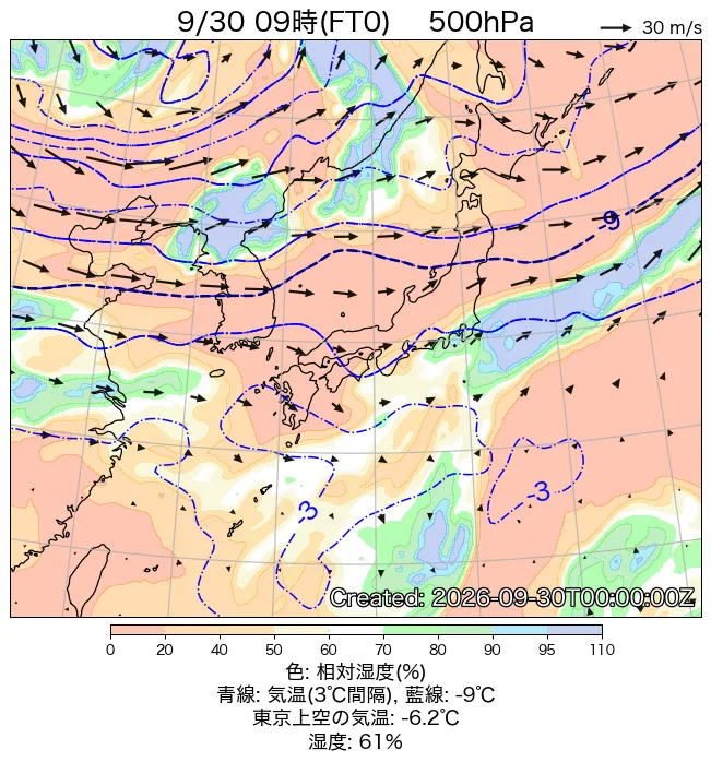 2026年9月30日の日本周辺の500hPa天気図（9時）