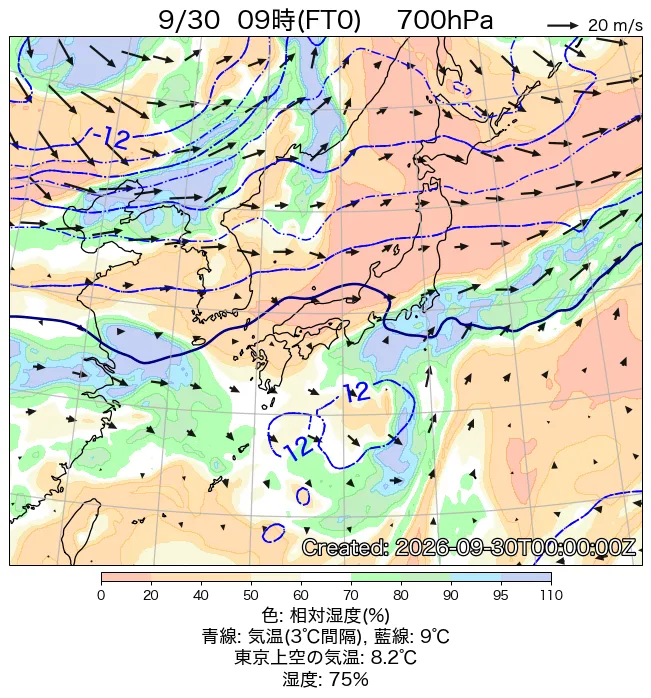 2026年9月30日の日本周辺の700hPa天気図（9時）