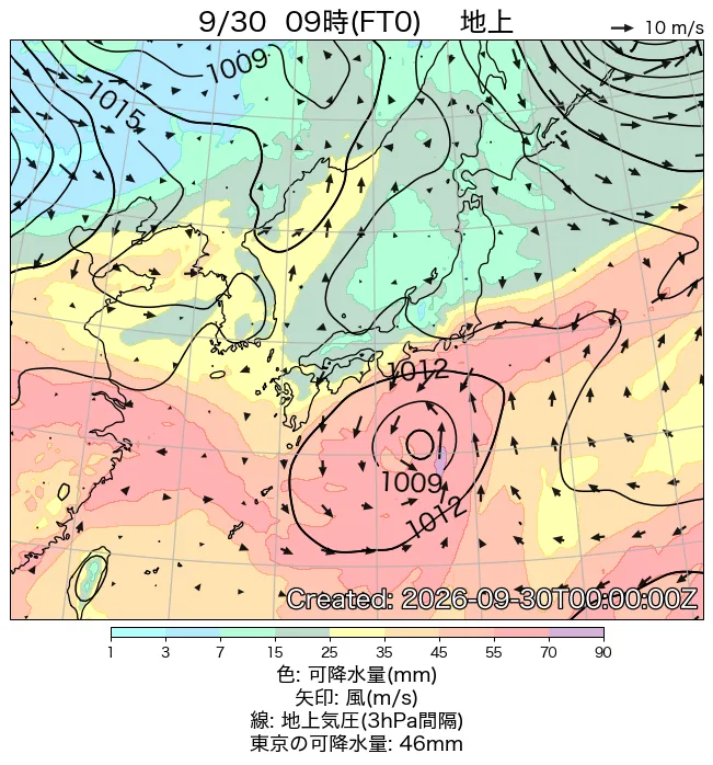 2026年9月30日の日本周辺の地上天気図（9時）