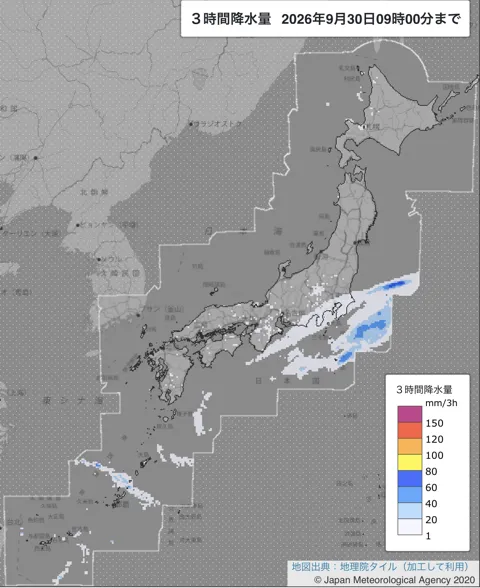 2026年9月30日6〜9時の日本周辺の3時間解析降水量