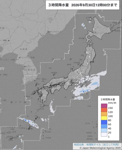 2026年9月30日9〜12時の日本周辺の3時間解析降水量