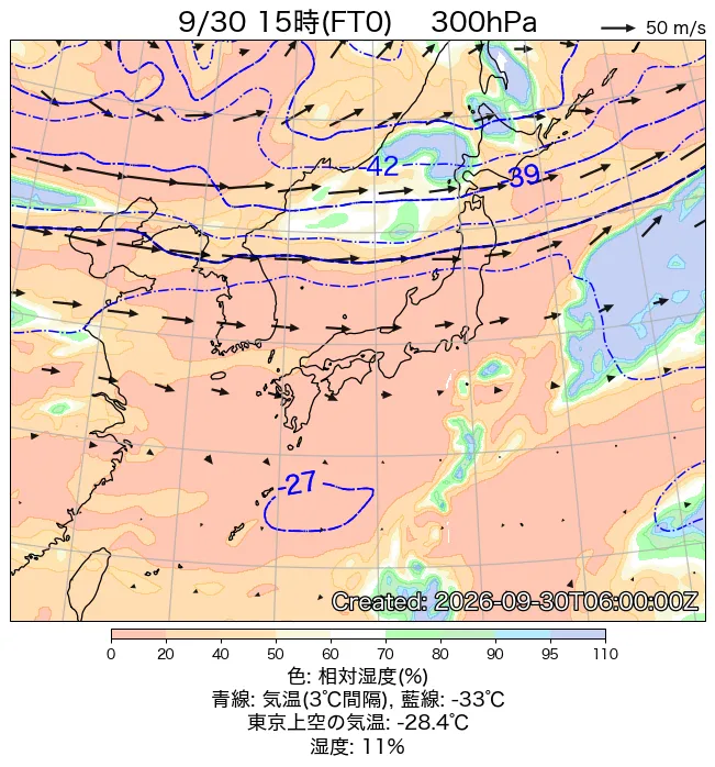 2026年9月30日の日本周辺の300hPa天気図（15時）