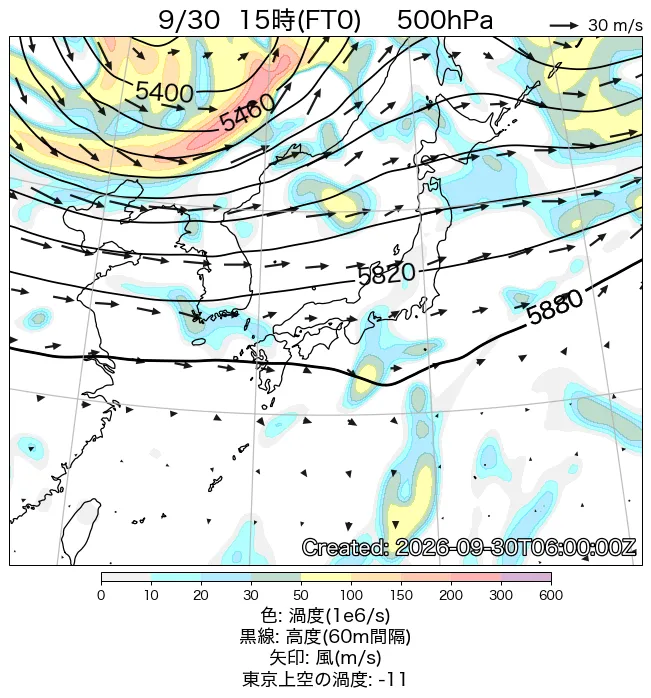 2026年9月30日の日本周辺の500hPa天気図（15時）