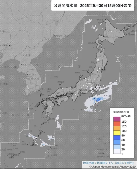 2026年9月30日12〜15時の日本周辺の3時間解析降水量