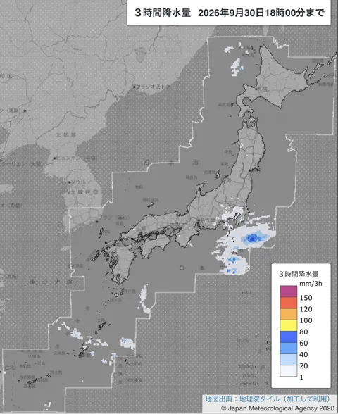 2026年9月30日15〜18時の日本周辺の3時間解析降水量