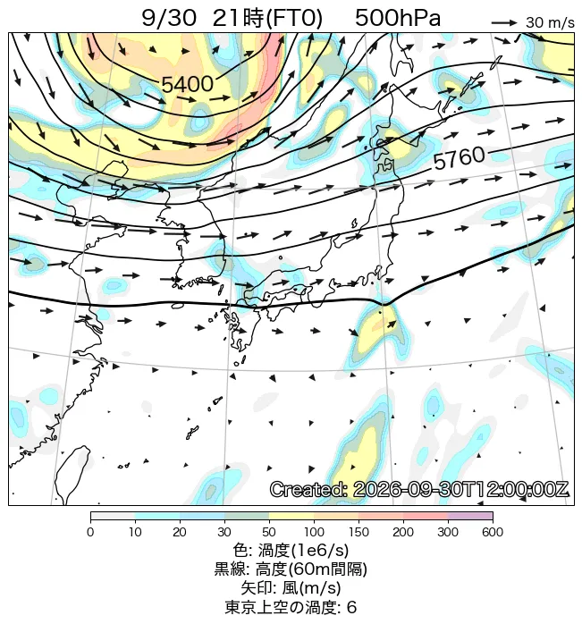 2026年9月30日の日本周辺の500hPa天気図（21時）