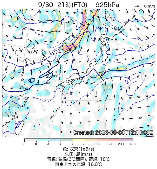 2026年9月30日の日本周辺の925hPa天気図（21時）