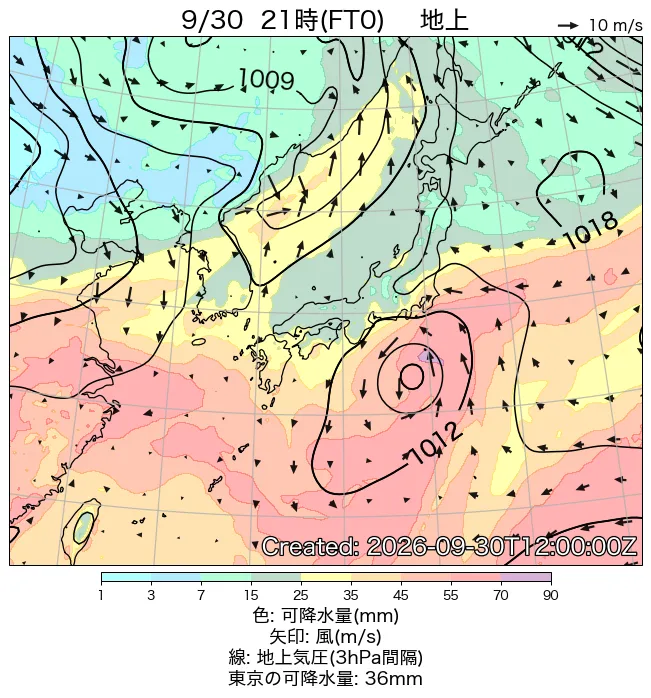 2026年9月30日の日本周辺の地上天気図（21時）