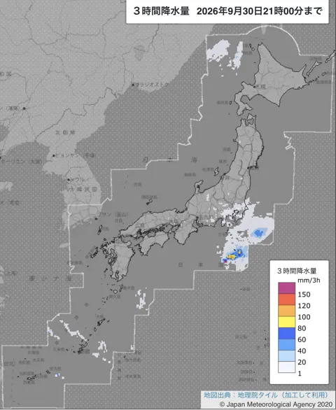 2026年9月30日18〜21時の日本周辺の3時間解析降水量