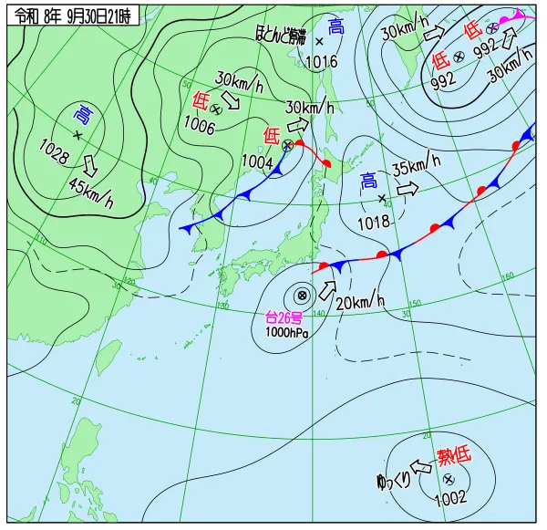 2026年9月30日21時の速報天気図